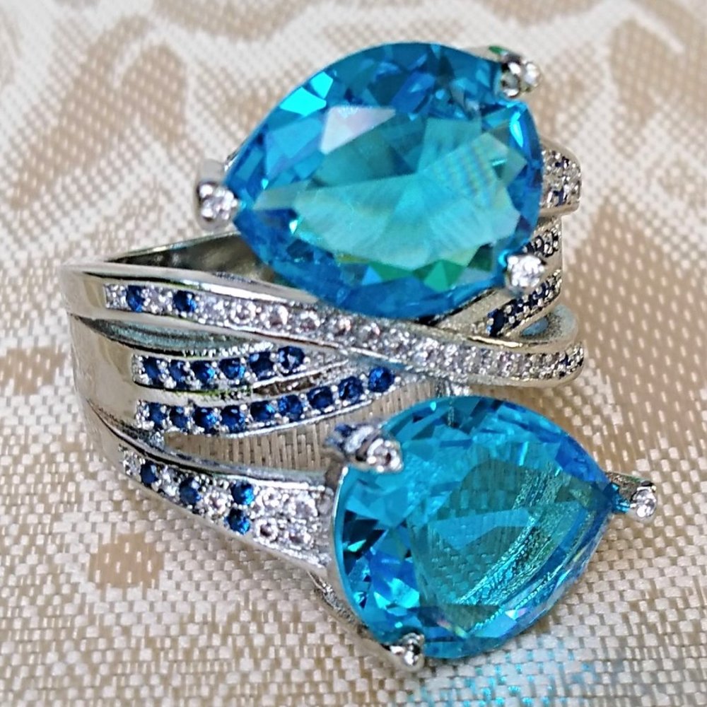 Women Ring Silver Crossing Aquamarine
